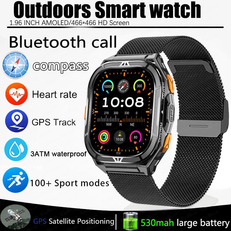 New Sport Smart Watch Men GPS Track 5ATM Waterproof Compass Heart Rate 530mAh Battery 1.96"AMOLED Screen BT Call Smartwatch
