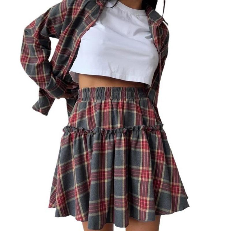 Damenmode Lässiger Karorock Revers Loses Hemd Träger Faltenrock Zweiteiliges Set