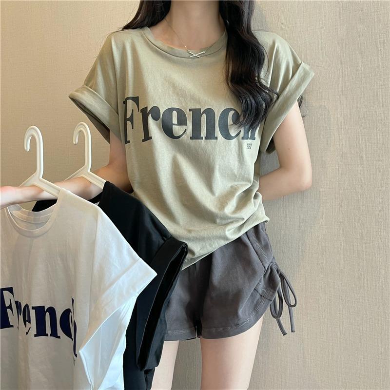 Women Spring Summer Letter Solid Color Short Sleeved T-shirt O-Neck Loose Blouses Pullover Top M-XXL