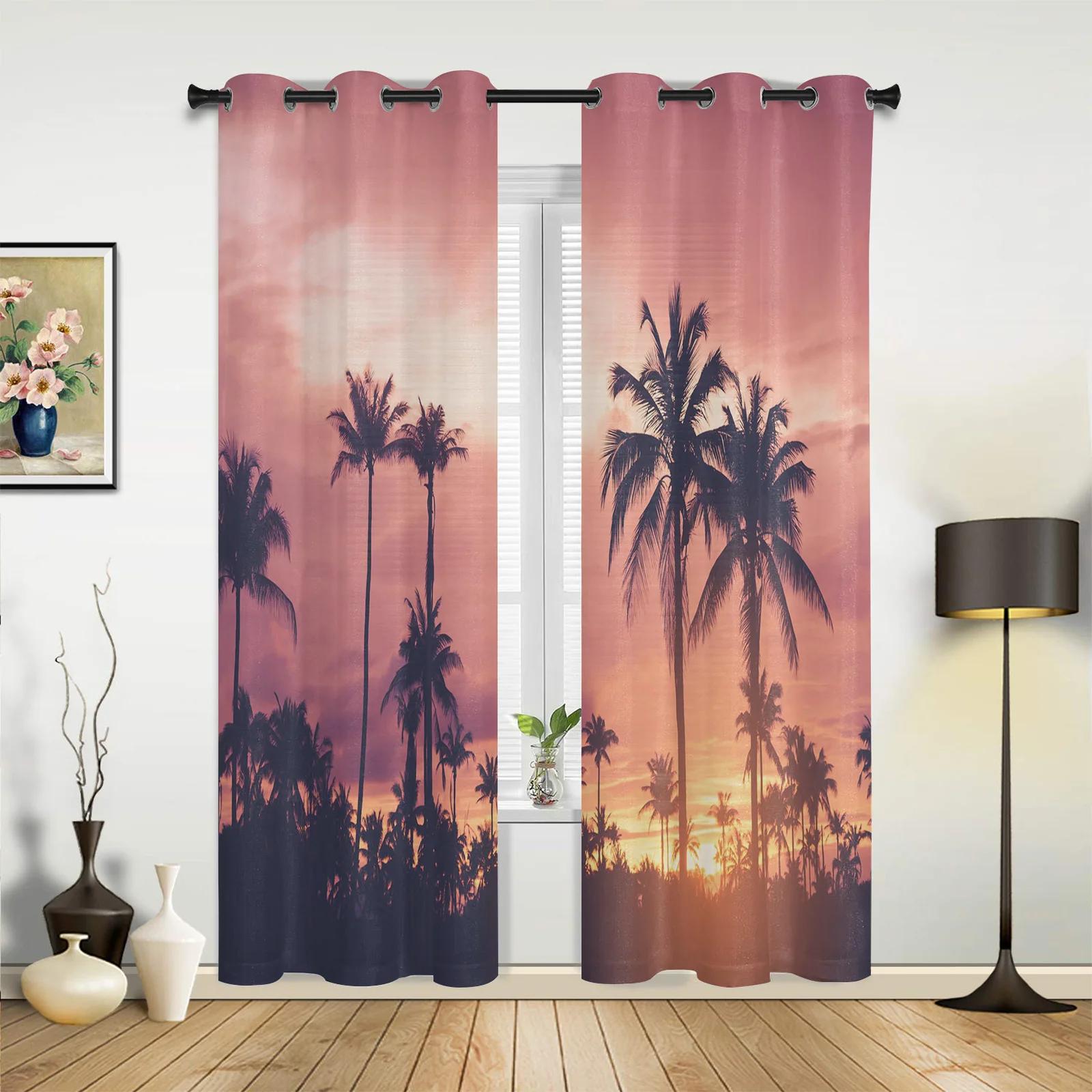

Sunset Beach Palm Tree Hall Curtains Living Room Kitchen Boy Girl Bedroom Long Curtain Windows Cortinas Home Decor Polyester Ideal For Sitting W100*H130(CM)-Rod Pocket&2PCS