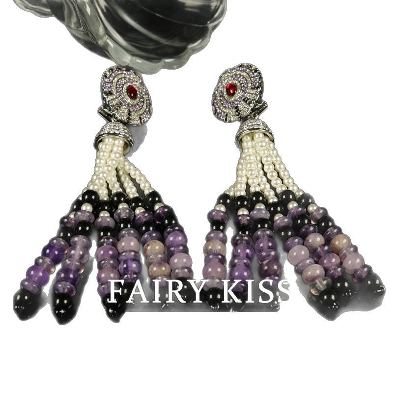 Sweeping Shoulder Purple Fringed Beaded Color Matching Earrings Necklace Set Versatile Classic Retro Accessories