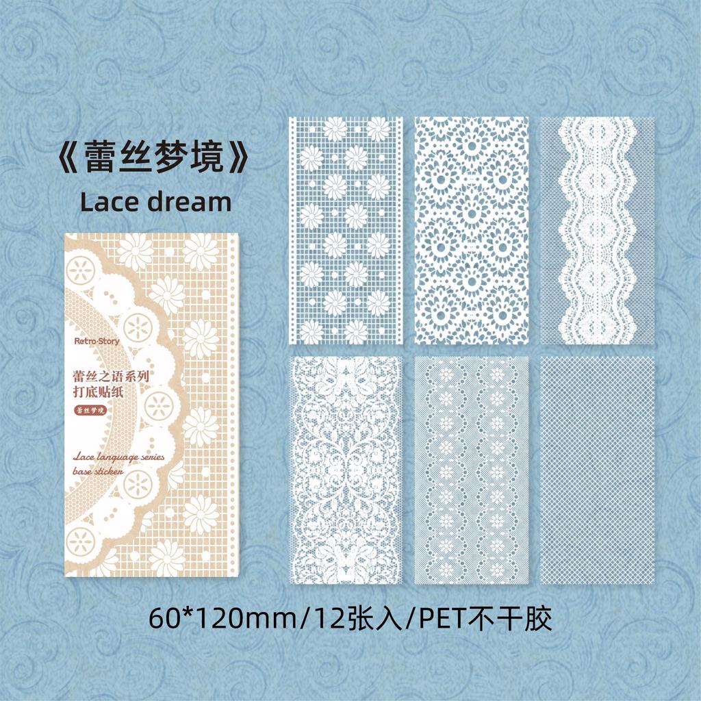 12 Sheets White Ink Lace PET Stickers, Vintage Transparent Decor, Journal DIY Waterproof Collage Material