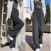 Women's Retro Grey Striped Wide-Leg Pants, Elastic Waist with Drawstring - High Waist, Loose Fit, Spring/Summer 2026 Collection.
