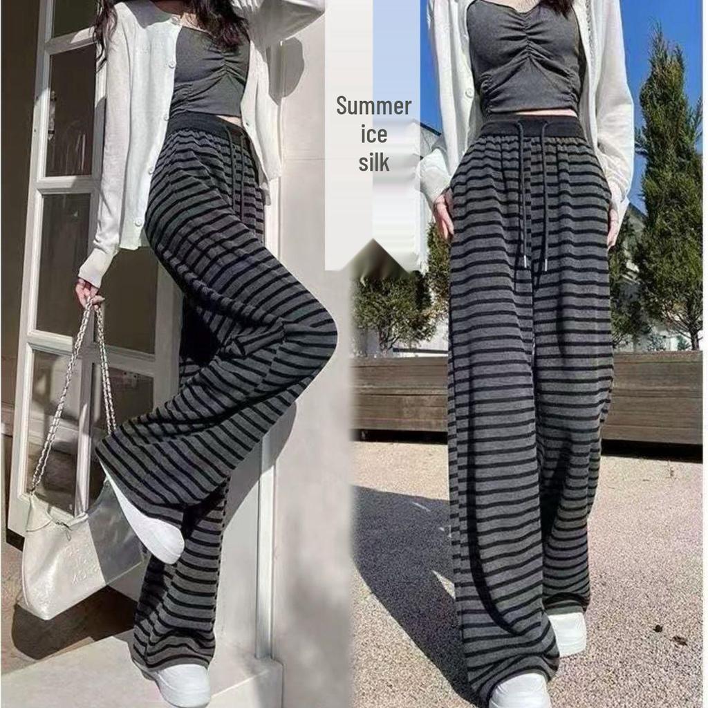 Women's Retro Grey Striped Wide-Leg Pants, Elastic Waist with Drawstring - High Waist, Loose Fit, Spring/Summer 2026 Collection.