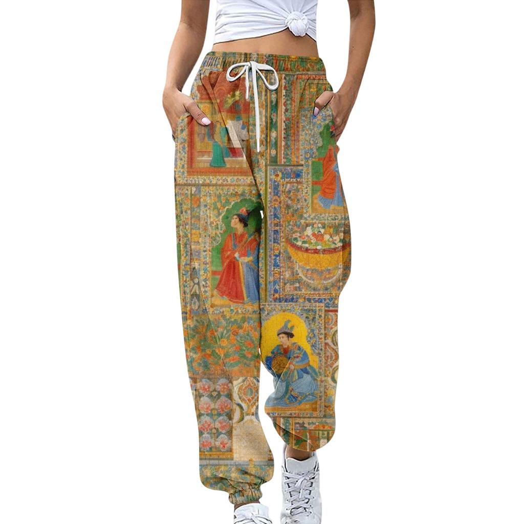 Women's Sports Pants With Pockets Fashion Floral Print Elastic Waist Pants Casual Sweatpants Pants
