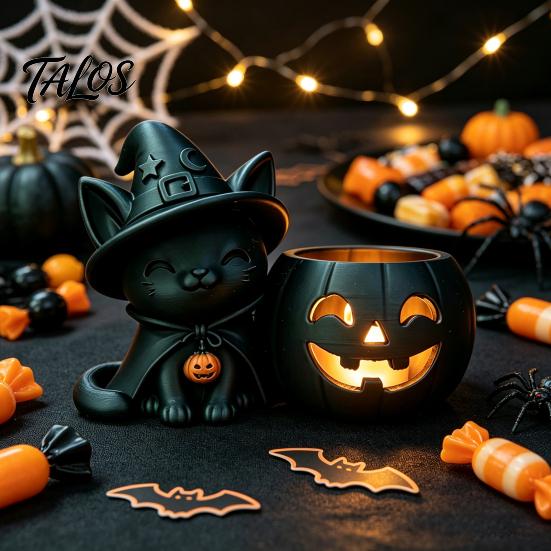 Ghost Face Tealight Cup Halloween Black Cat Pumpkin Candlestick, 3D Printed Witch Candle Holder with Cup, Spooky Tabletop Decor for Party Creative