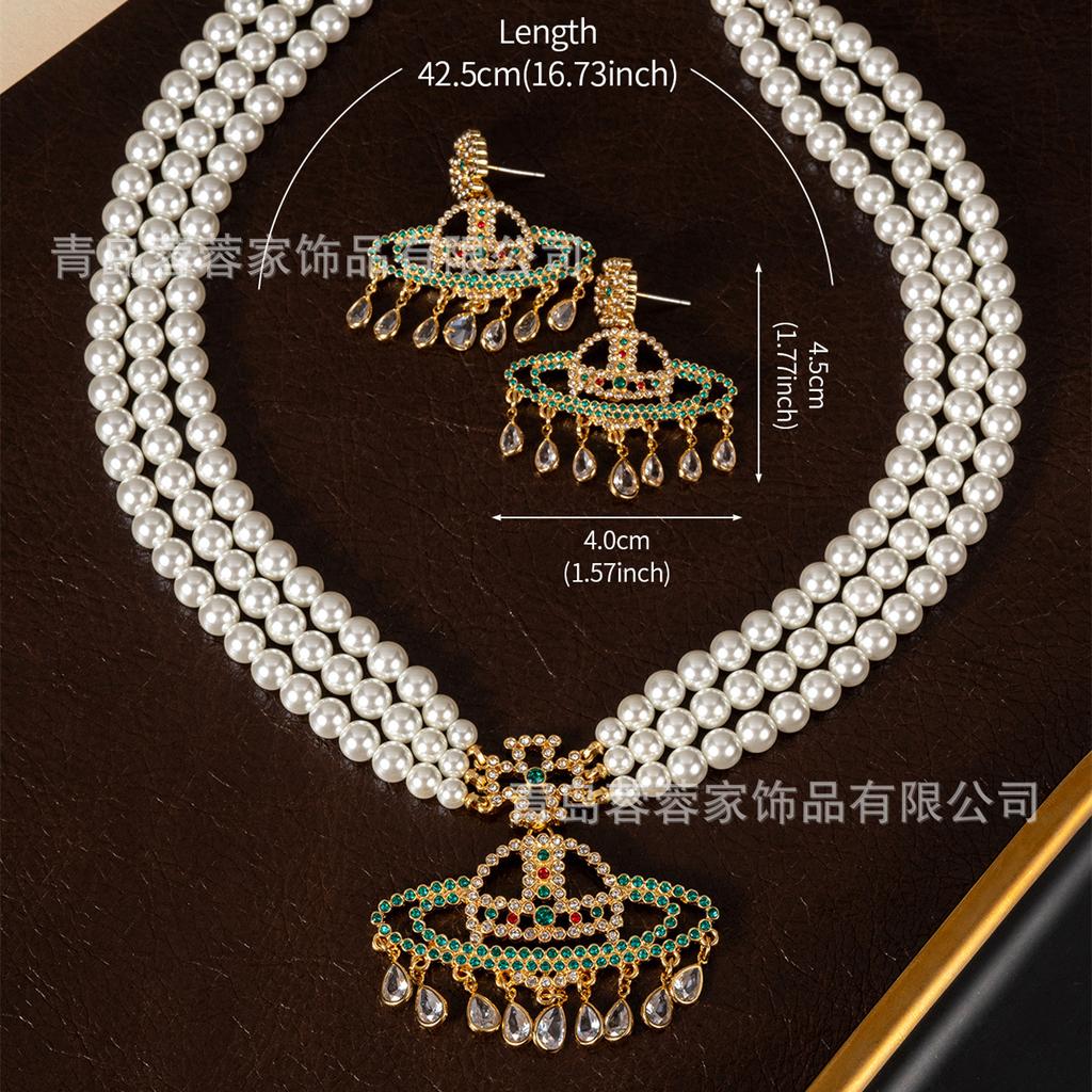 Cross Border Medieval Style Saturn Pearl Necklace Queen Dowager Vivian Waterdrop Tassel Vintage Earrings