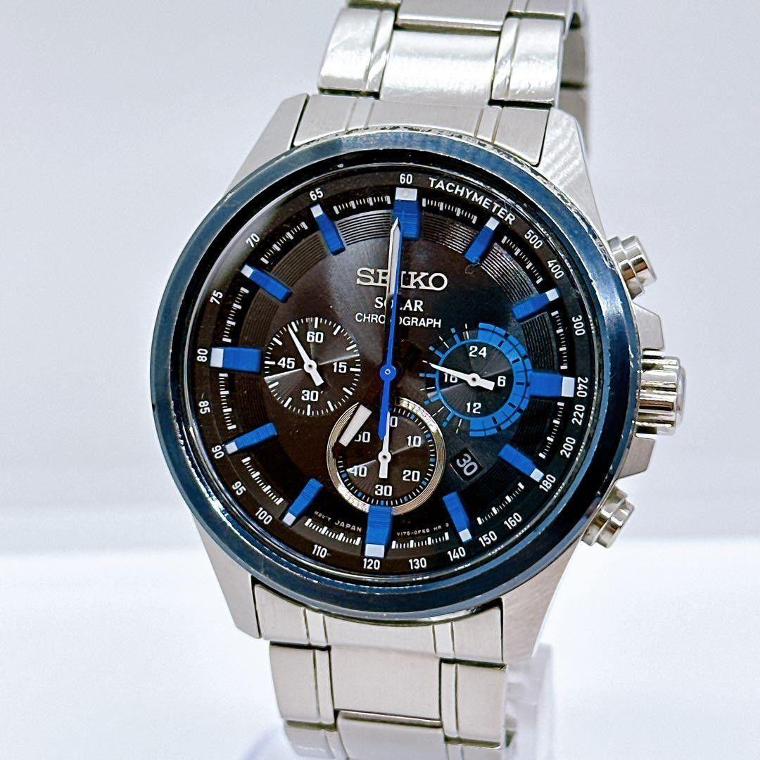 Used Seiko men s watch chronograph solar type V175-0ER0 operation confirmed