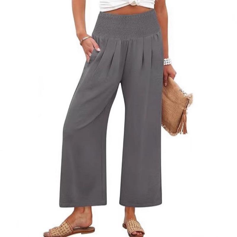 Women S High Waist Smocked Straight Leg Cropped Casual Pants Solid Color S серый