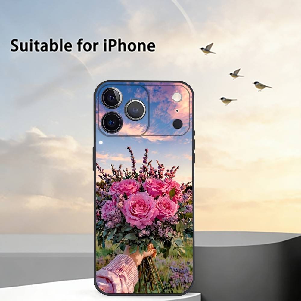 

Elegant Peony F-Flower Phone Case For iPhone 17,16,15,14,13,12,11 Plus,Pro Max,XS,Soft Silicone Black Cover iPhone15promax