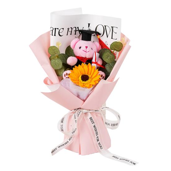 Studentgosedjurshjärte Virkad Solrosbukett Handstickad Garn Konstgjord Blomma med Studentgosedjur Dekoration Studentfest Presenter