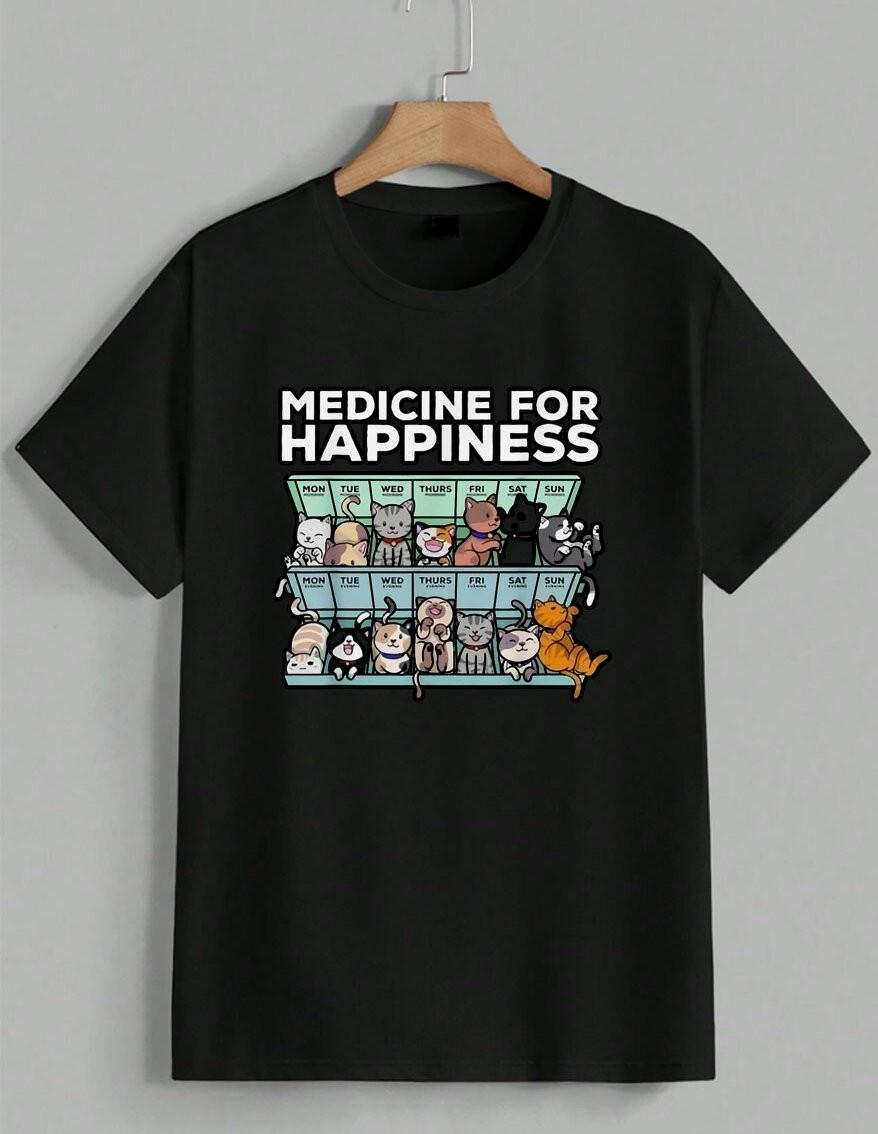 Medicine For Happiness T-Shirt Funny Cat Lover Box Graphic Tee Gift Idea Unisex XXXXL