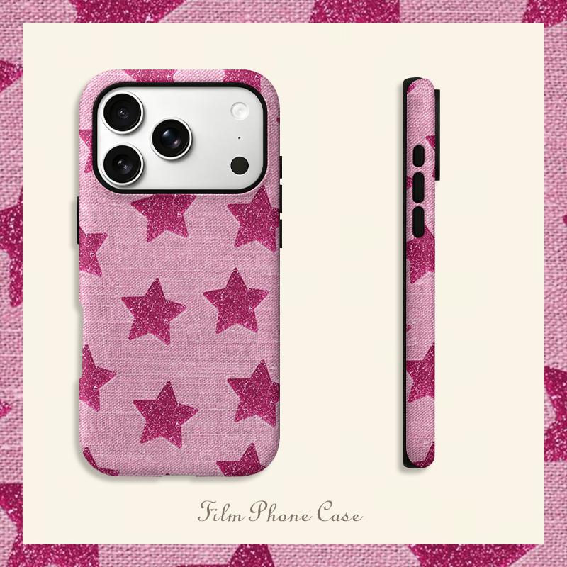 Pink Linen Glitter Star Print Soft Silicone Phone Case Y2K Coquette Cute Girly Aesthetic Shockproof Cover For All Iphone Series