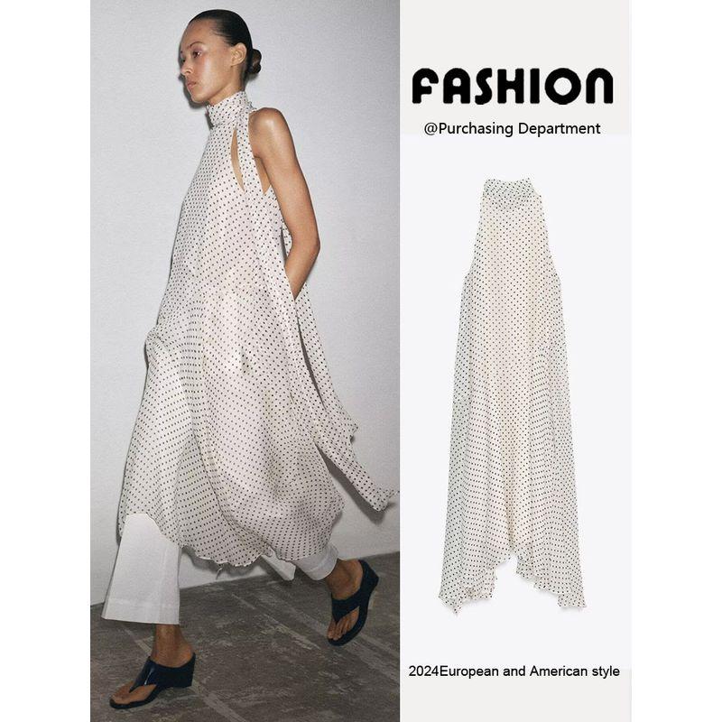 Za2025 Summer New Product Women's Clothes Elegant Comfortable Sleeveless Open Back Polka Dot Hanging Collar Dress 5289042