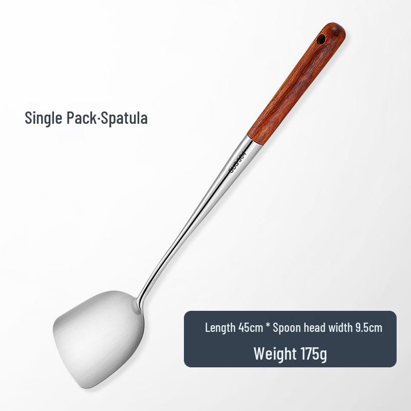 304 Stainless Steel Spatula Set with Long Wooden Handle: Anti-Scald Slotted Spoon for Home Cooking and Stir-Frying.