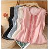 Women Off White Linen Sleeveless Vest Round Neck Front Ethnic Embroidery Open Front Loose Casual Waistcoat