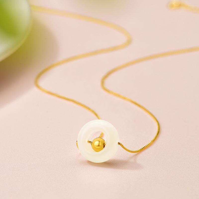 3D 999 Pure Gold & Hetian Jade Luck Beads Women's Necklace Pendant Gift