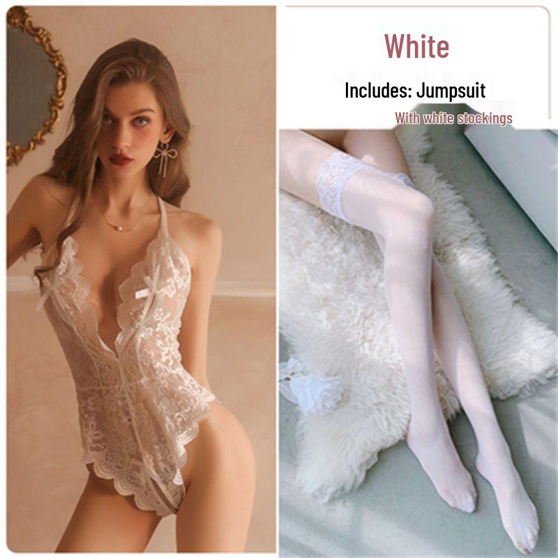 Pure Desire Lace Sleepwear Set: Sexy See-Through, Deep V, Backless, Open Crotch, Removable for Ultimate Temptation