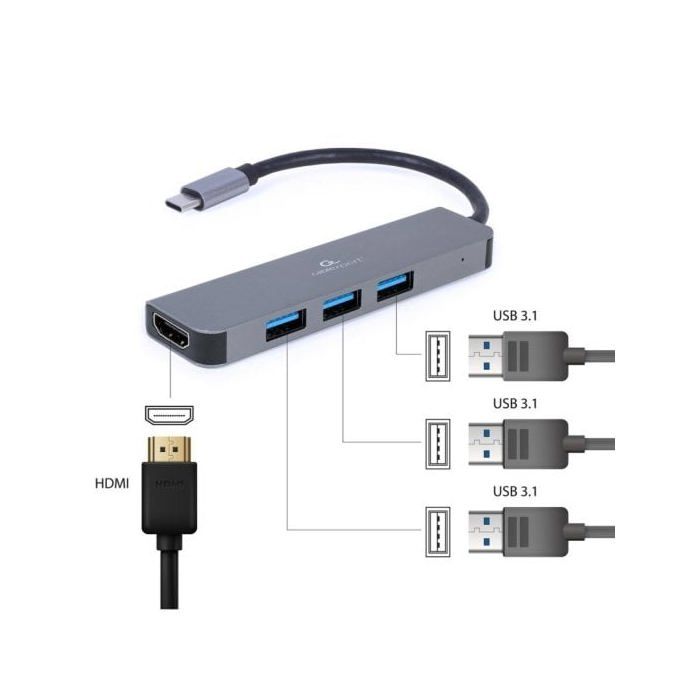 USB-C HDMI Hub - Gembird - 8716309121446 - 3 USB 3.2 Ports - HDMI 4K - Durable Metal