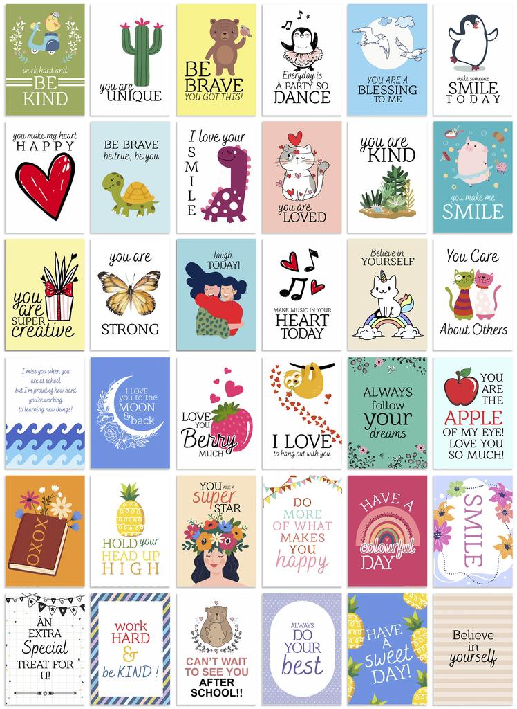 Inkdotpot 36 Karten Lunchbox-Notizen für Kinder, tägliche inspirierende Zeilen, glückliche Gedanken für Kinder, Schüler