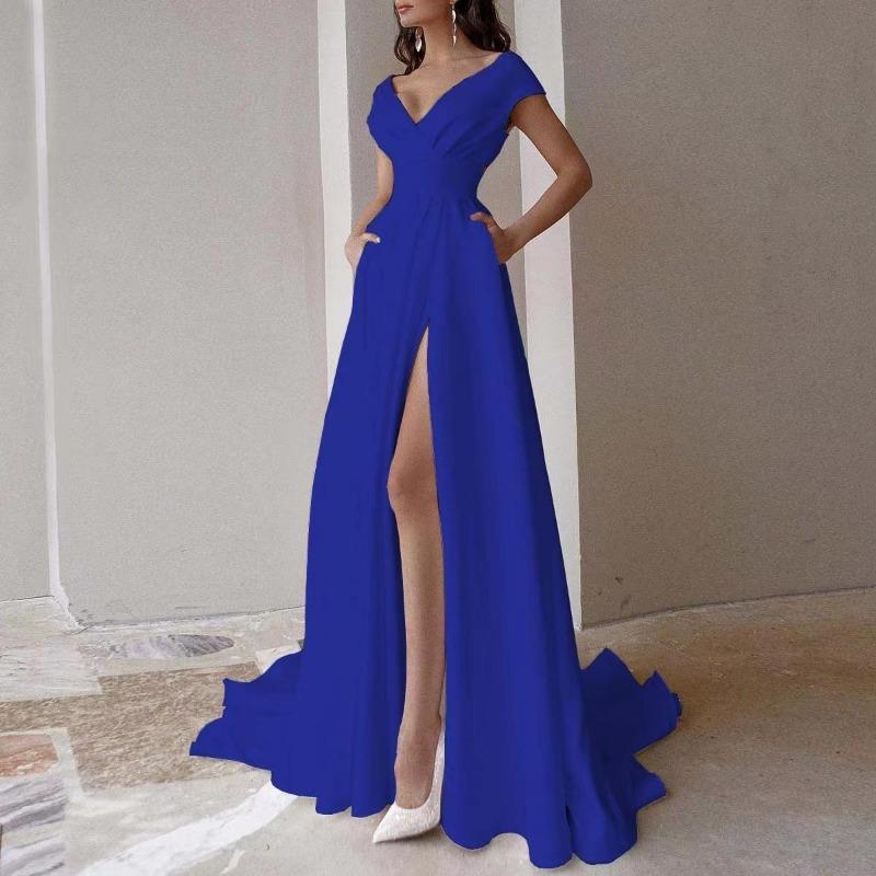 Cross-border Europe And The United States Wrapped Chest Ruffled Solid Color Slit Waist Solid Color Temperament Long Jumpsuit