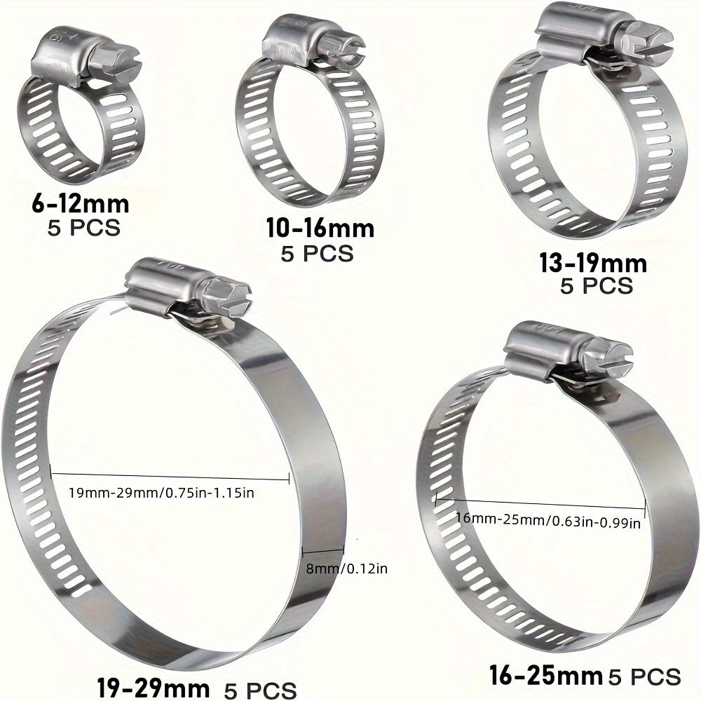 25-piece stainless steel water pipe clamp set, 1/4" to 1-1/8" T-bolt, worm gear design, suitable for pipe and automotive metal ring fastening