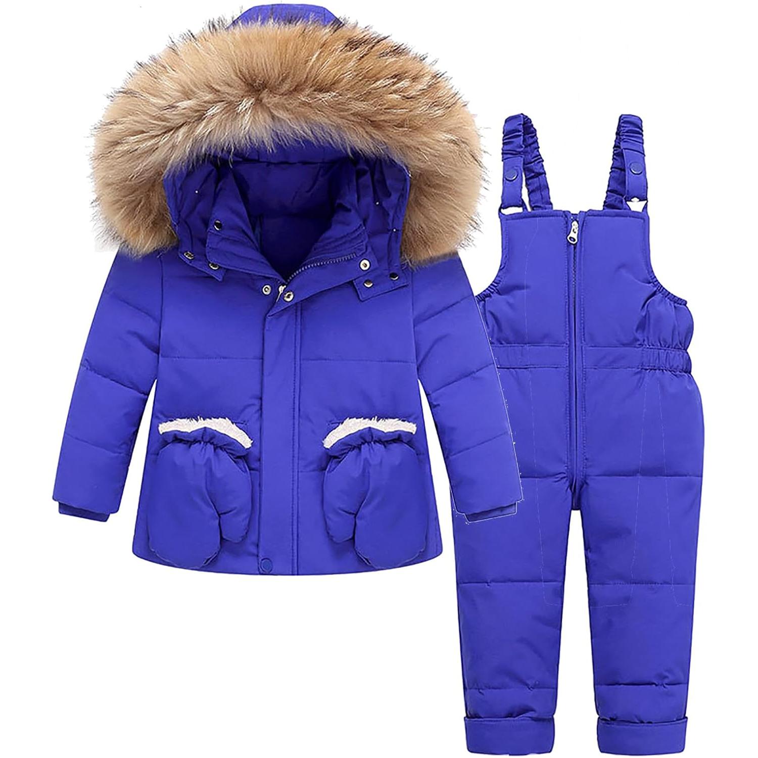 

Комплект детского зимнего комбинезона, Зимняя куртка и брюки для малышей, 90% утиный пух, Водонепроницаемое ветрозащитное пальто с капюшоном для детей 110 синий