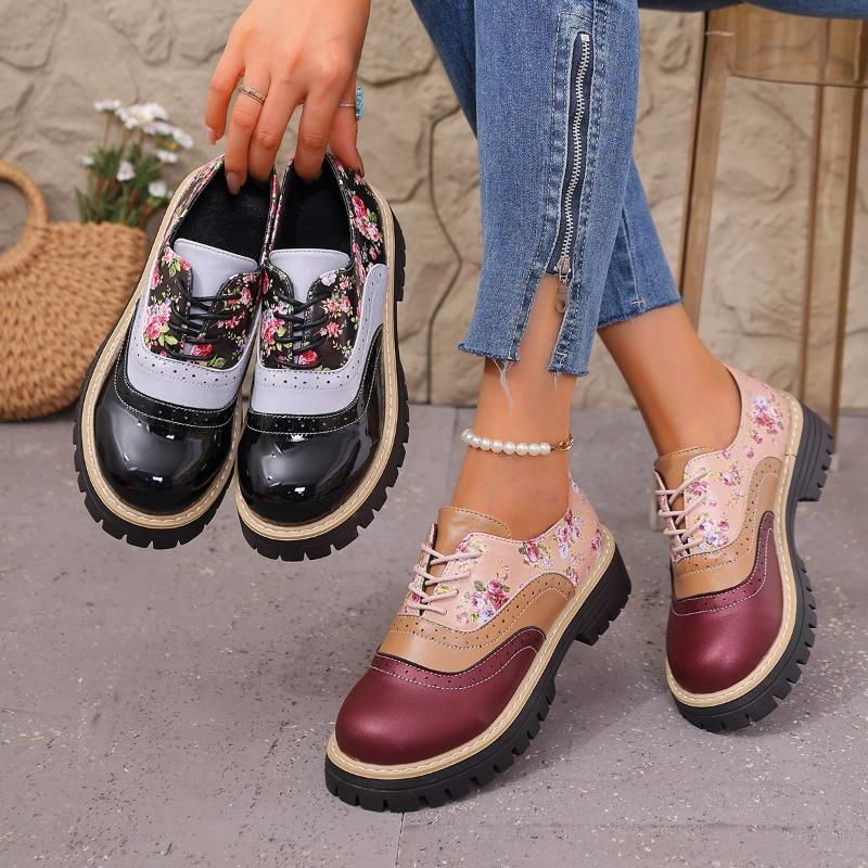 Autumn Printed Low-top Shoes 2025 New Plus-size Lace-up British Style Muffin Small Leather Shoes for Women