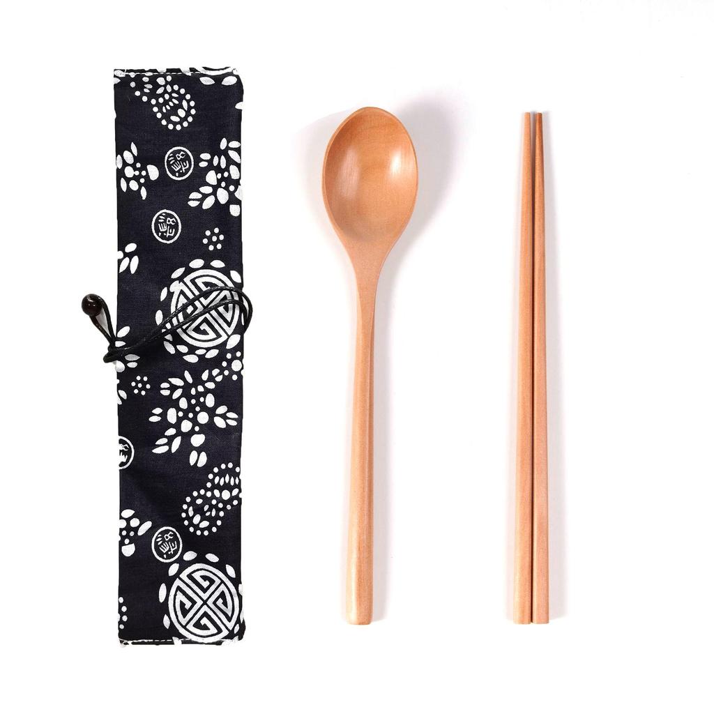 Japanese Wooden Portable Tableware Set: Long-Handled Spoon, Fork, and Chopsticks - Korean Style Three-Piece Set for Outdoor Use.