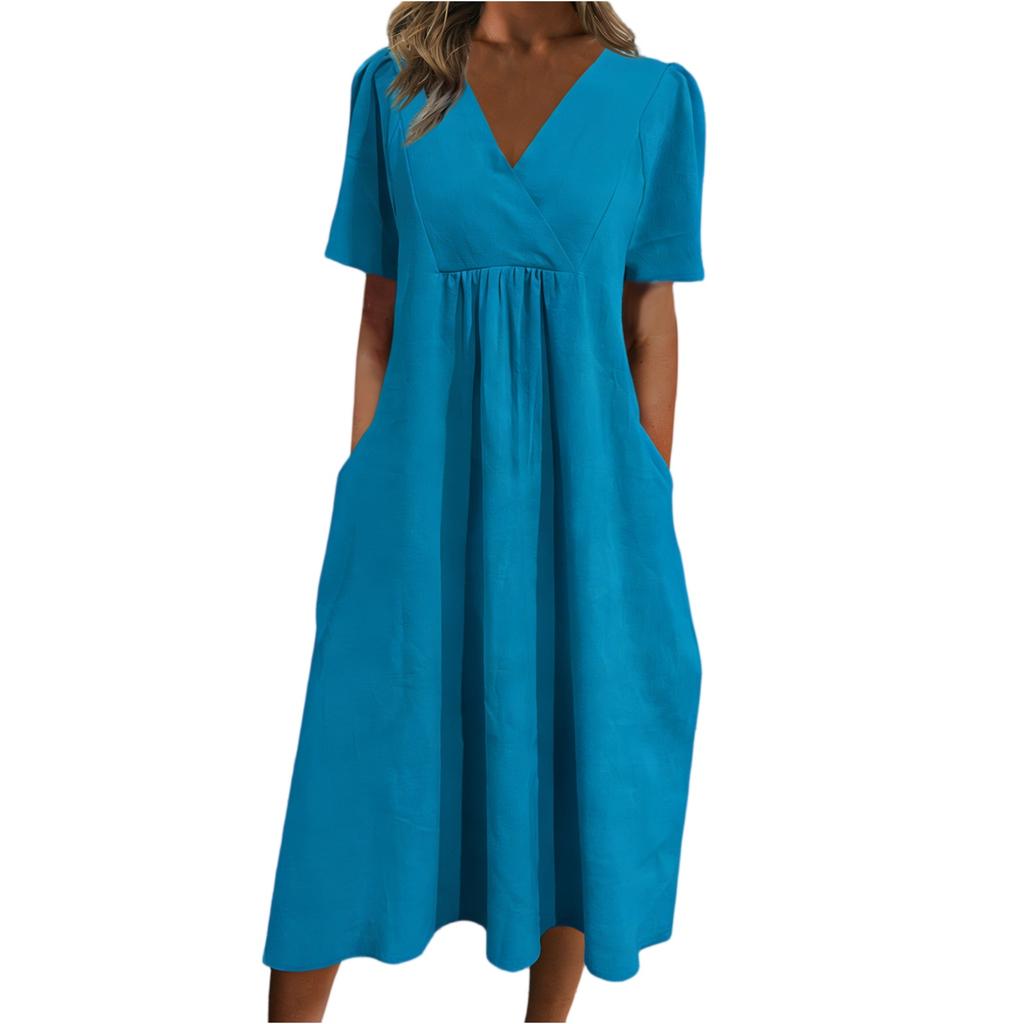 Women's Fashionable Loose-Fit V-Neck Short-Sleeve Casual Cotton-Linen Blend Dress