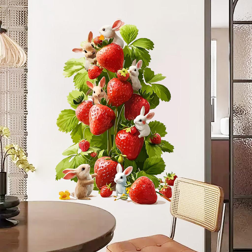 Cute Rabbit Strawberry Tree Wall Sticker Cartoon Creative Self-Adhesive Removable Kitchen Bedroom Home Decor Art