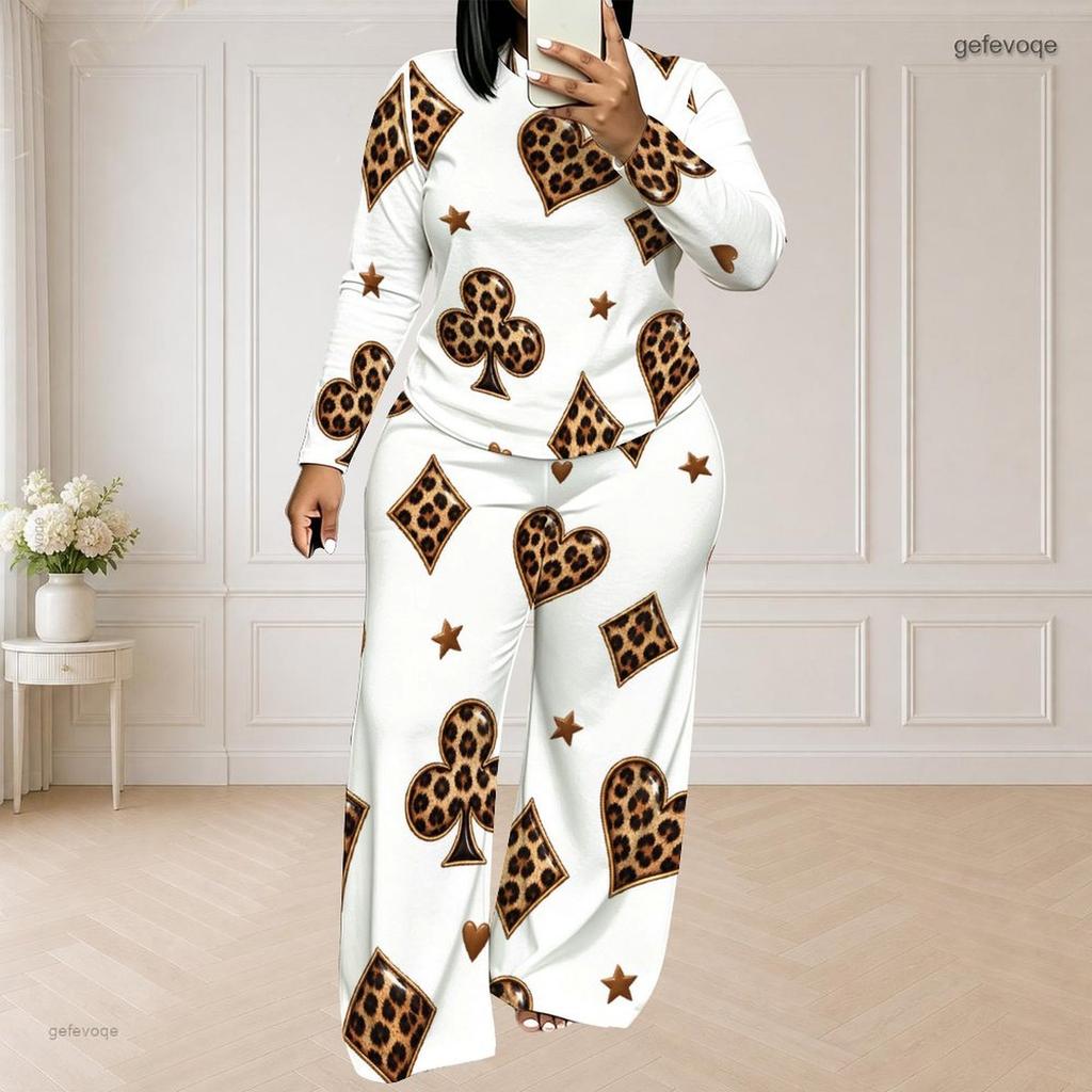 Women Plus Size White Printed Round Neck Long Sleeve Top And Long Pants Set