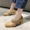 New Woman High Heel Shoes Square Heels Round Toe Mary Janes Pumps Buckle Strap Black Brown Handmade Elegant Lady Shoes