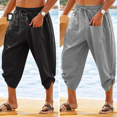 Men Cropped Pants Elastic Waist Solid Color Drawstring Soft Breathable Casual Patch Pockets Mid Calf Length Beach Trousers