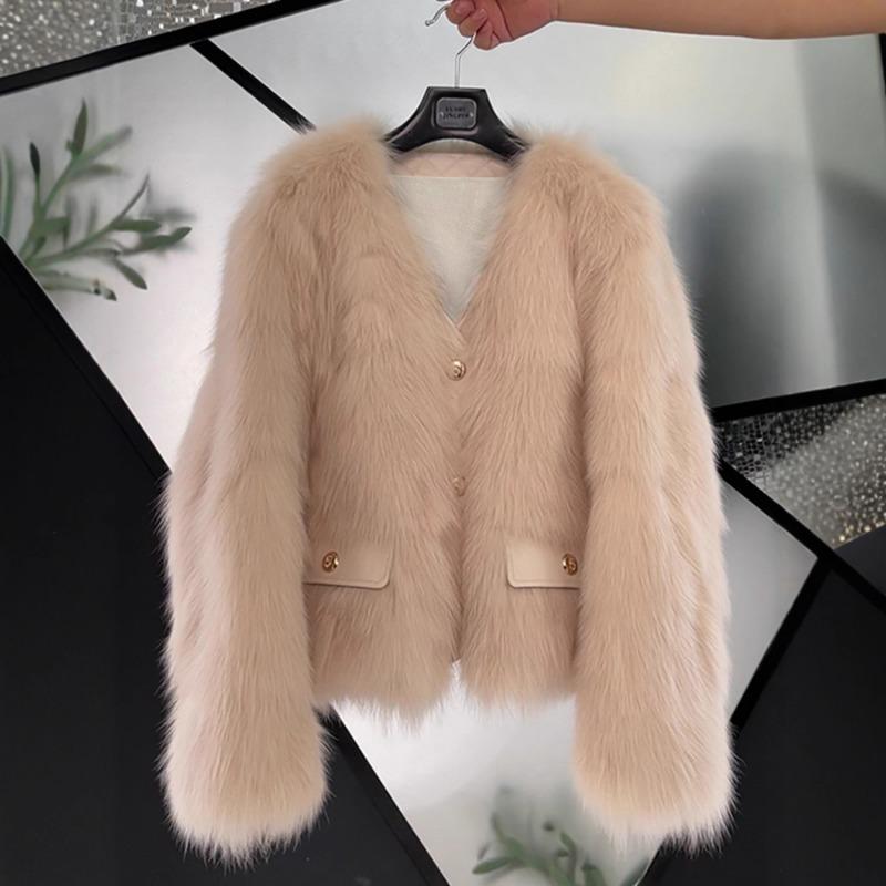 

Women s V-Neck Cropped Faux Fur Jacket Button Up Warm Winter Outerwear S бежевий