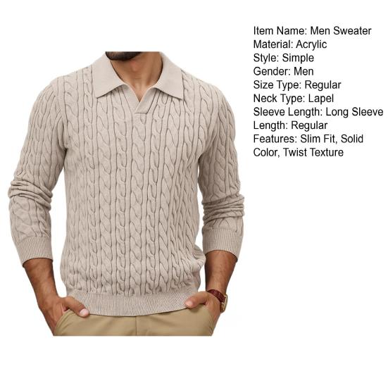 Men Knitted Tops Lapel Long Sleeve Solid Color Sweater Twist Pattern Winter Thick Warm Pullover Tops