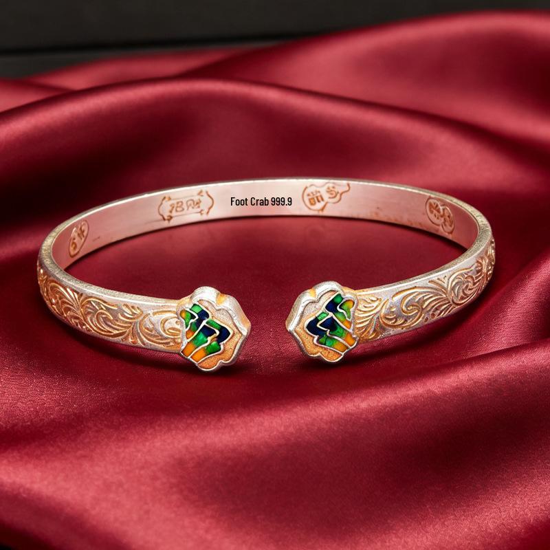 Sterling Silver 999 Chinese Landscape Ruyi Enamel Bracelet for Women – Open Style with Auspicious Clouds Design Thickened White Copper Plating
