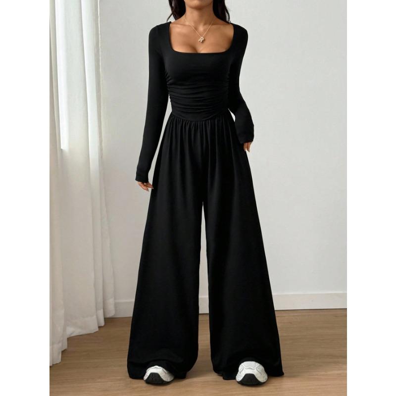 Women Fashion Casual Long Sleeve Square Neck Solid Wide Leg Jumpsuit