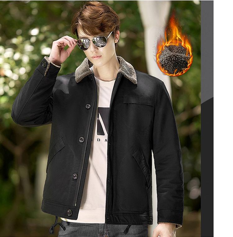 Men's Winter Fleece-Lined Lapel Military Jacket - Loose Fit Lambswool Coat