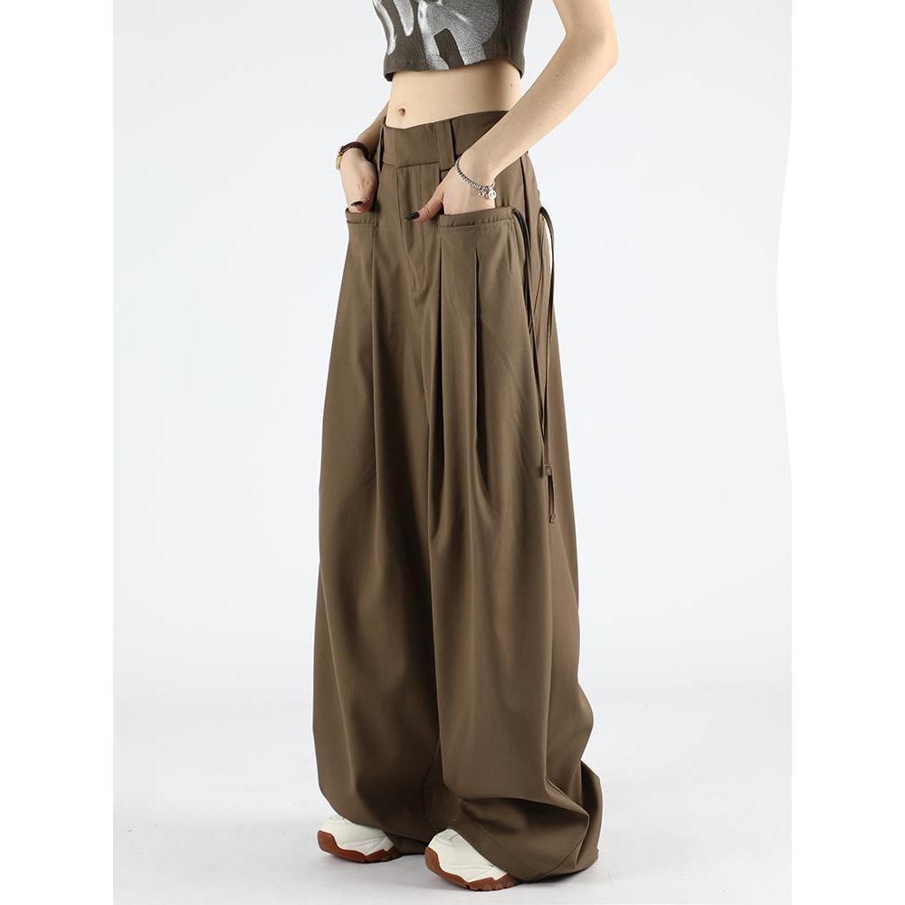 Hong Kong Style Retro Brown Wide Leg Suit Pants for Women 2024 Spring and Autumn New Style Loose Strap Hanging Floor Pants for Summer