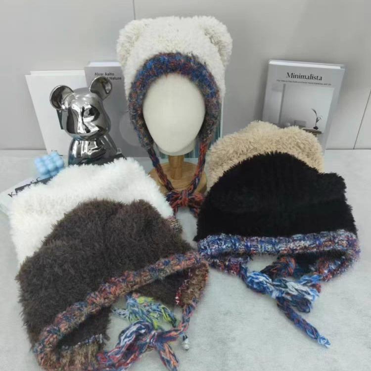 Bear Ears Plush Hat for Women in Winter Versatile Warm Ear Protection Knitted Hat Korean Style Large Head Circumference Woolen Hat