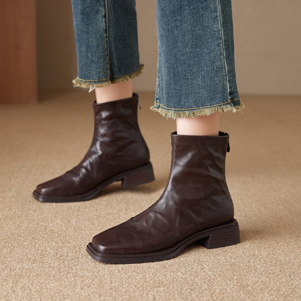 Women's Boots  New Leather Boots Square Head Short Boot Women's Autumn and Winter Retro Pleated Rear Zipper Thin Boot Women