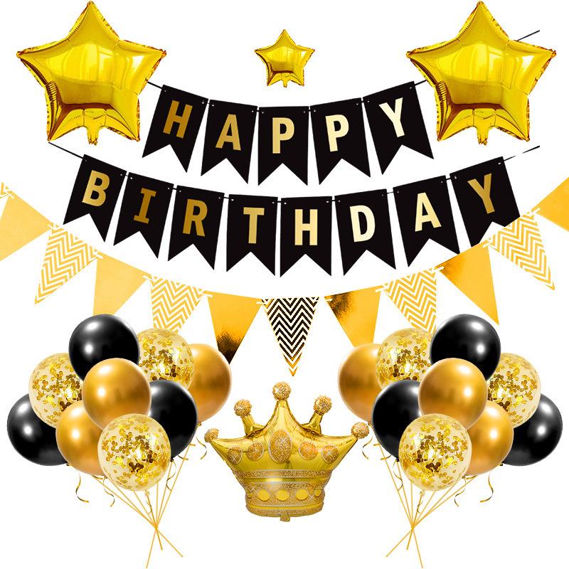 Birthday Flag Balloon Set Black Gold Bronzing Flag Pentagram Sequined Ball Crown Party Decoration