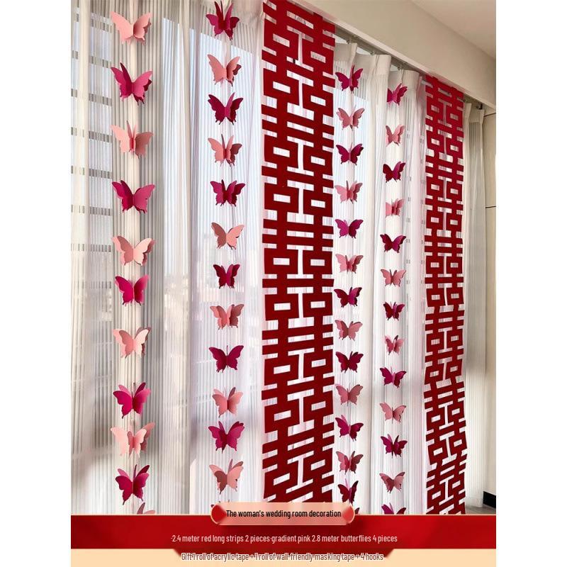 Wedding Room Decor Set: Double Happiness Curtains, Bay Window Trim, Bedroom Bows