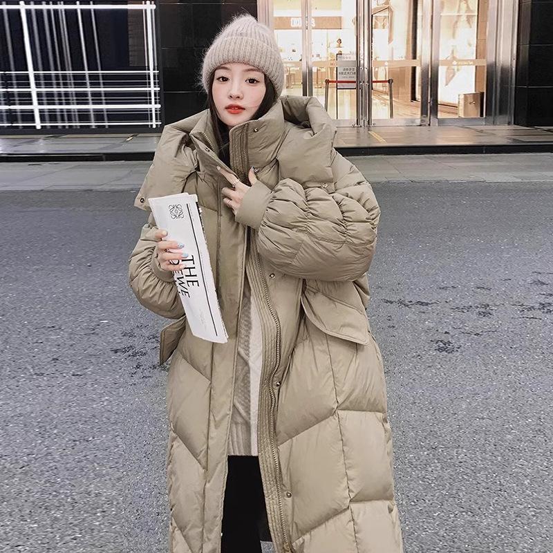 

Женский пуховик-одеяло длиной до колена, модный зимний дизайн 2025 года, утолщенный, рукав-плиссе, куртка-хлебница S хаки