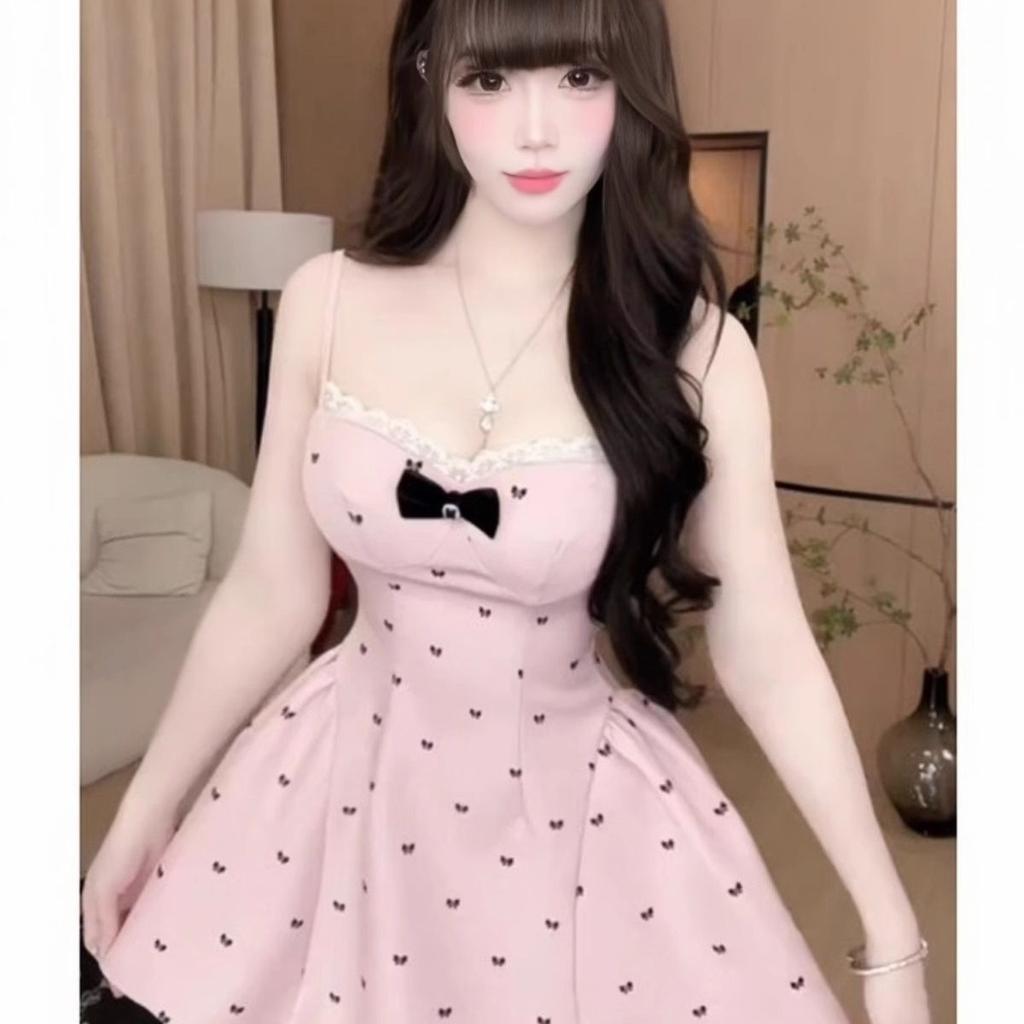 Bow Print Spaghetti Strap Dress for Women, Summer Pure Desire, Waist-Cinching Short Skirt with Breast Pads, Slim Fit, Plush A-Line Skirt