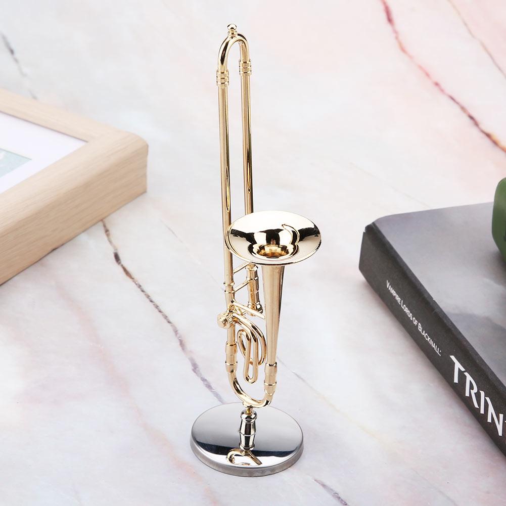 Miniature Trombone Replica with Stand and Case Gold Plated Instrument Model Musical Ornaments