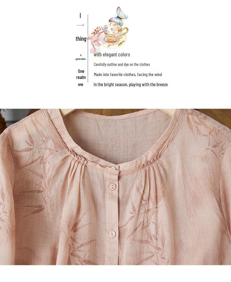 3365 Women's Lightweight Ink Bamboo Print Summer Ramie Top - Breathable & Unique Style