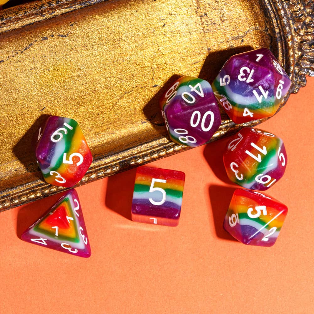Cusdie Seven-layered Rainbow DND Dices Resin D4 D6 D8 D10 D% D12 D20 Colorful Polyhedral Dice Set for D&D Role Playing Games