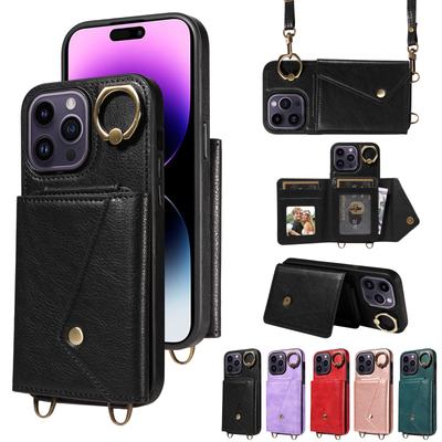 Für iPhone 14-Serie.für iPhone 14,14 Plus,14 Pro,14 Pro Max Schultergurt Seilringhalterung Design Kartenhalterfächer Lichee-Muster-Abdeckung Telefonhülle